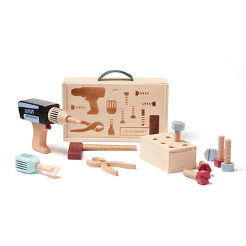 Werkzeugkoffer aus Holz für Kinder mit Schraubbohrer, Schrauben Zange, Koffer