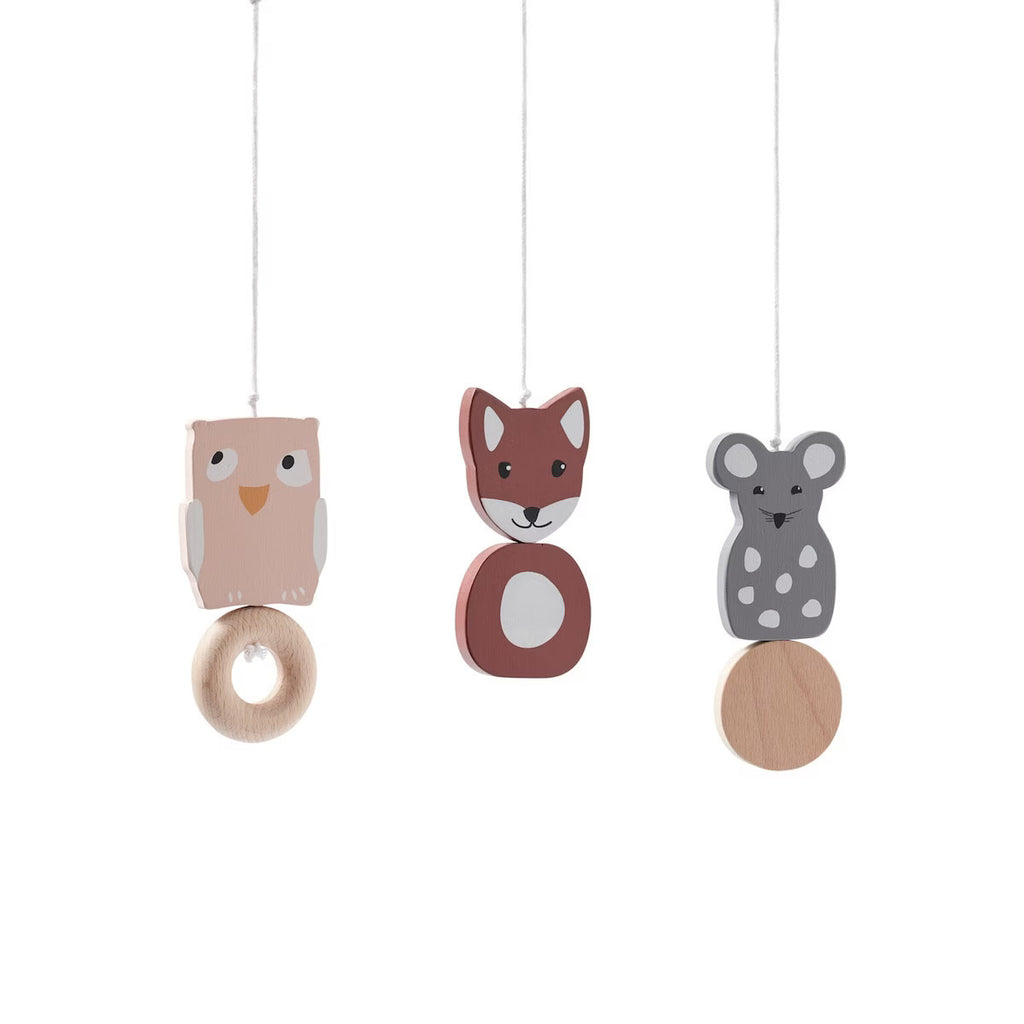 drei Holzfiguren Waldtiere für Spielbogen mit Eule, Fuchs und Maus