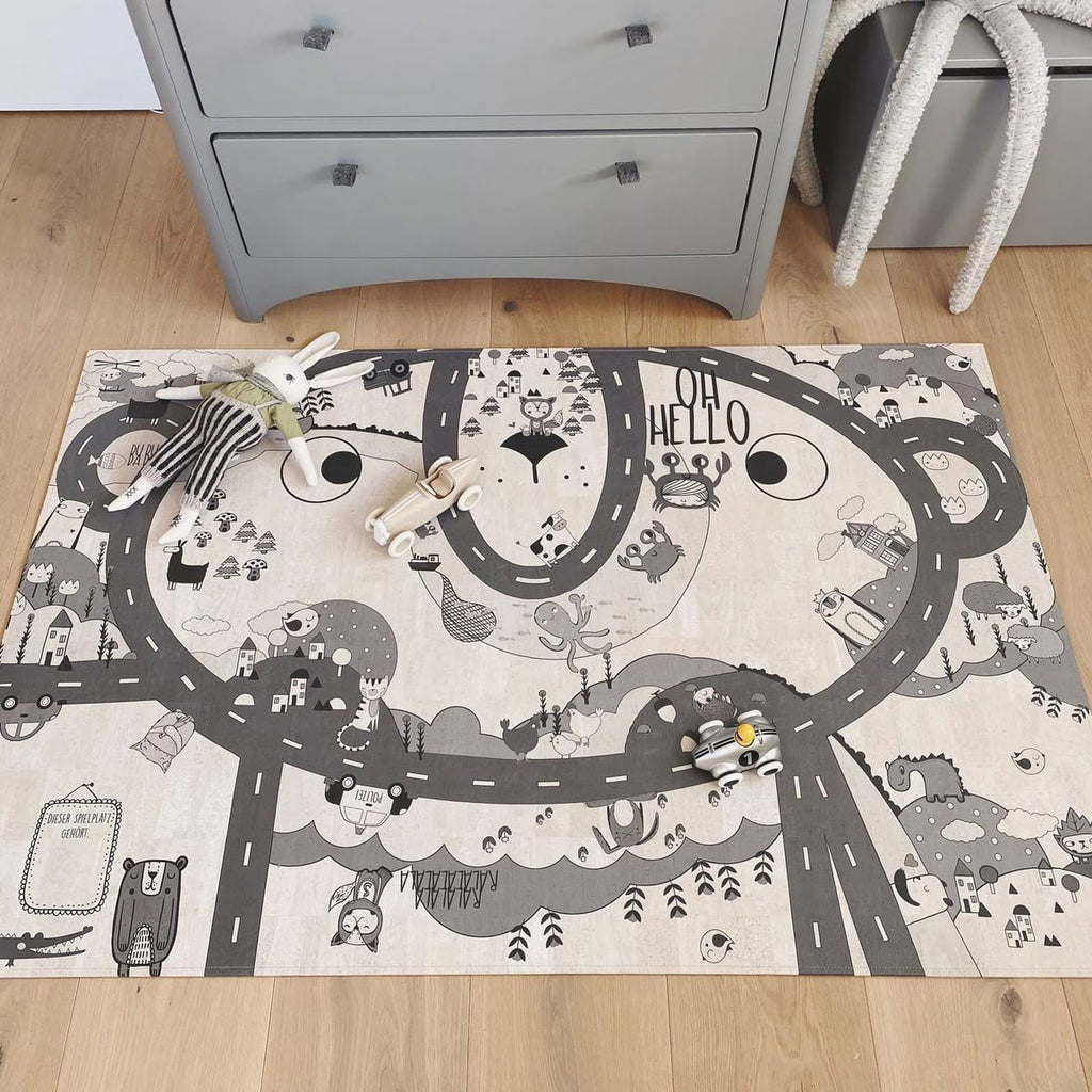 Kinderteppich creme grau mit Straßen und Spielzeug