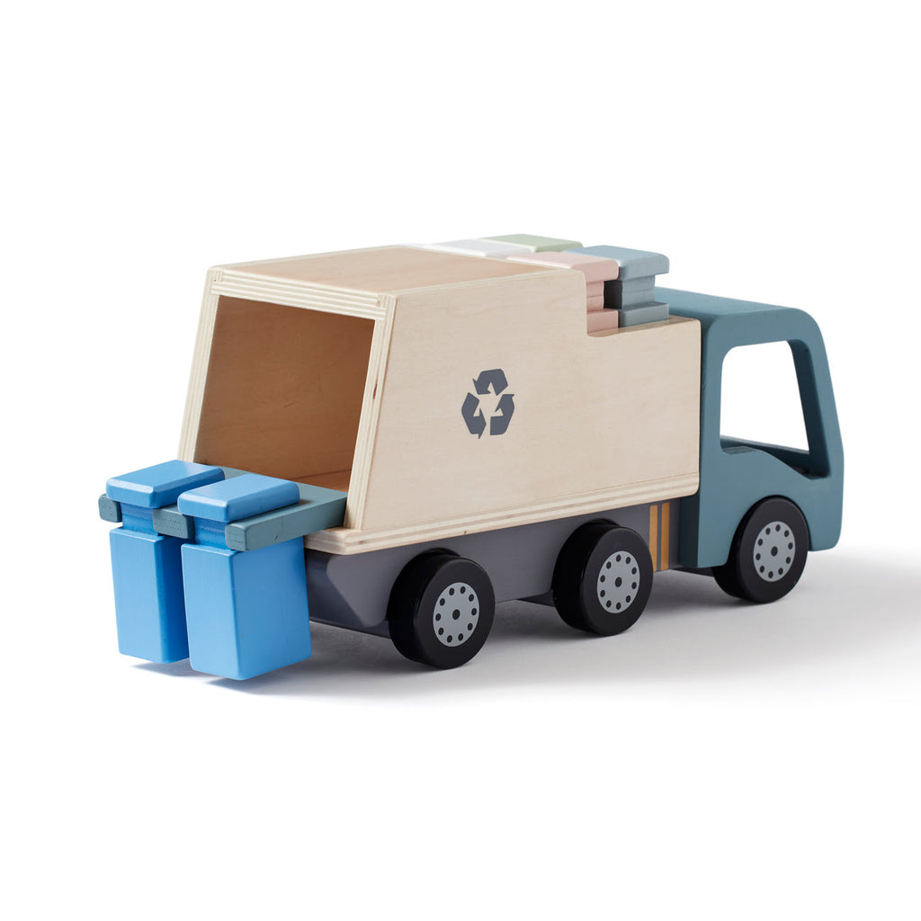 Müllwagen Spielzeug Holz hinten mit zwei Containern