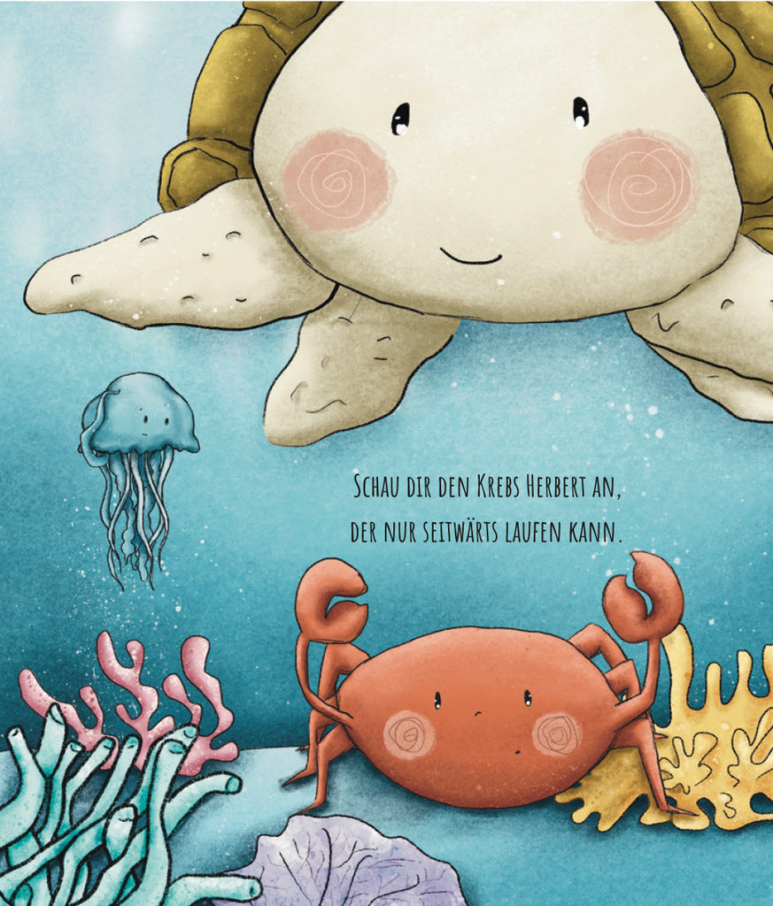 Kinderbuch die kleine Quengel Qualle Inhaltsseite mit Schildkröte und Krebs