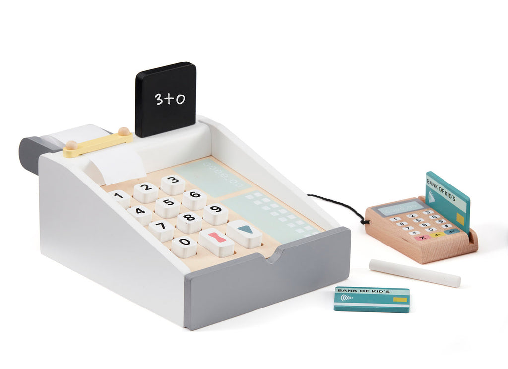 Registrierkasse Spielzeug aus Holt weiß mit Kartenlesegerät und zwei Karten